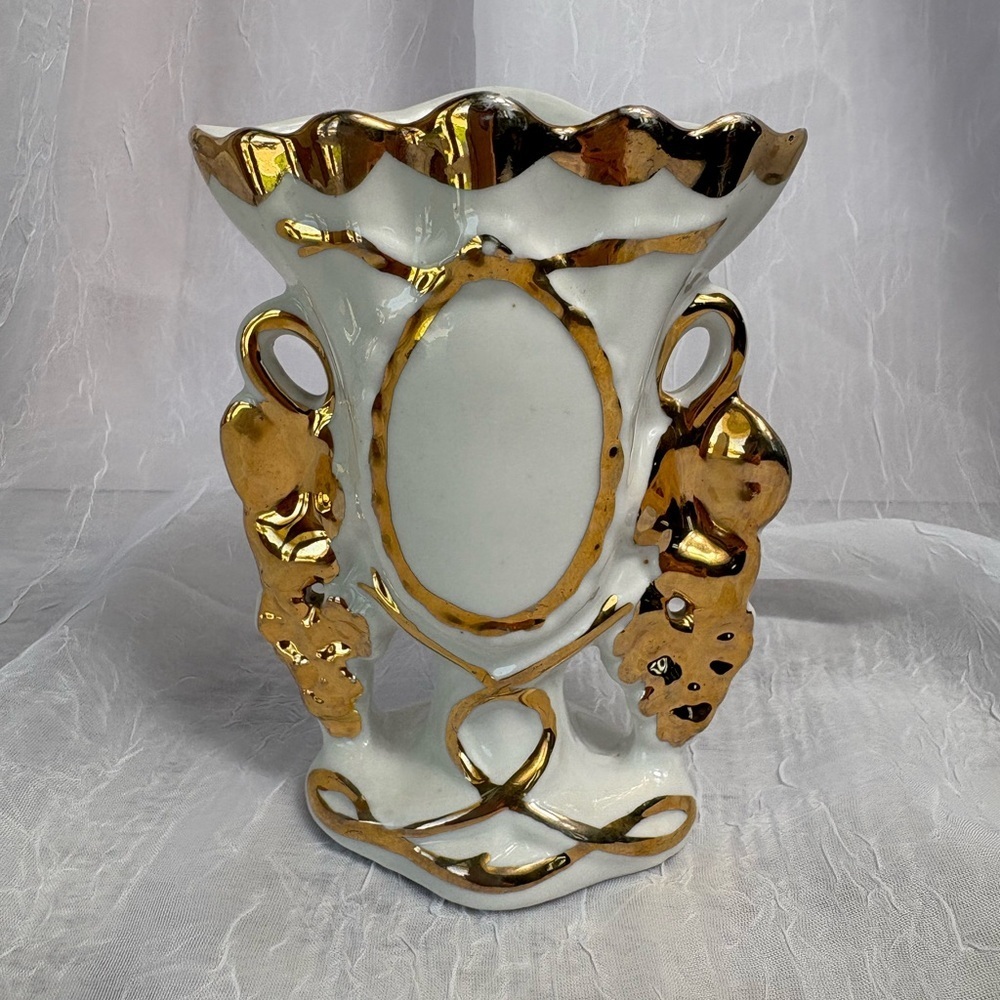 Antique Belgian White and Gold Porcelain Spill Vase-Preowned, No Chips or Cracks